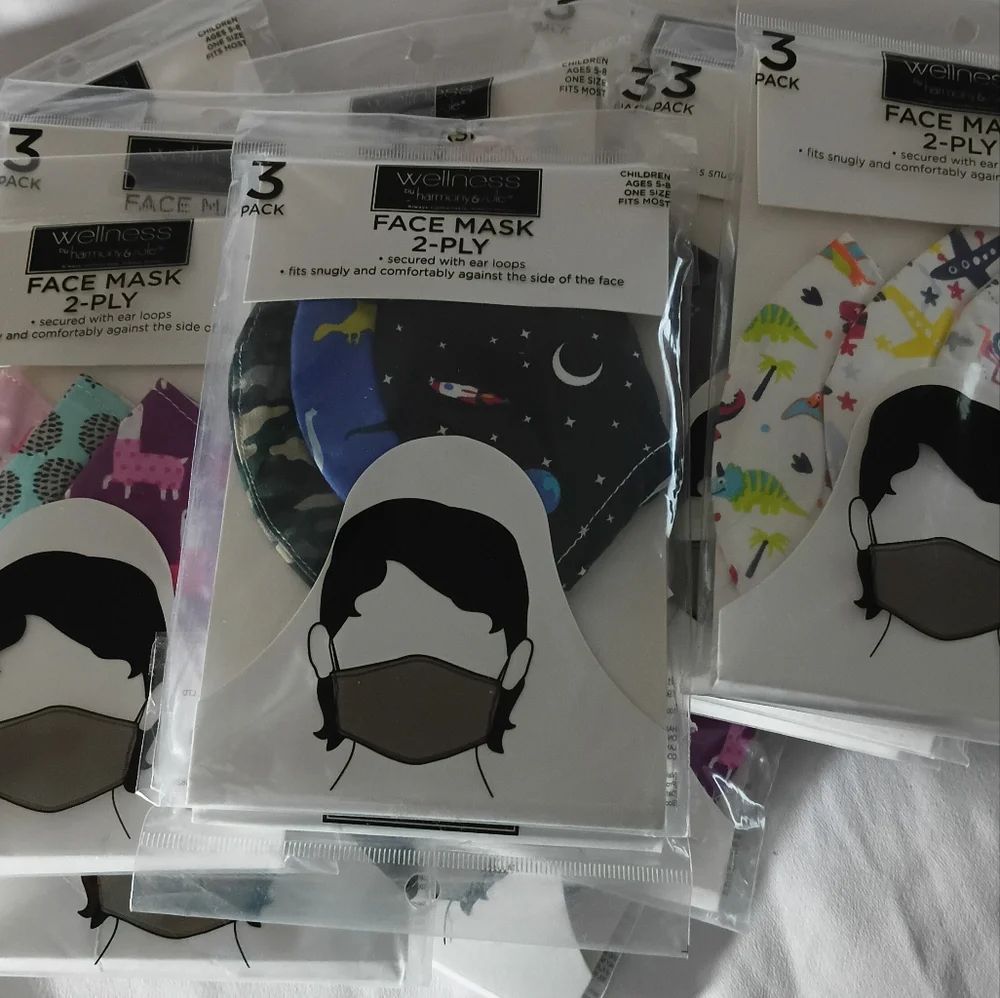 35 assorted packs of 3 Kids Face Masks - Blue, Pink, White, Black